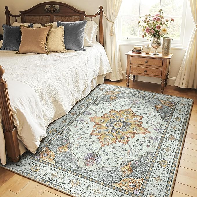 Area Rugs 4'x6' Washable Non-Slip, Floral Vintage Distress Print Pattern Medallion Carpet for Living Room Bedroom Dining Room, Light Yellow Carbon Grey Orange