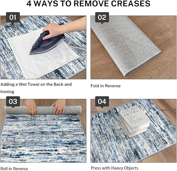 Lansny Modern Abstract 8x10 Large Machine Washable Living Room Rug Non-Slip Soft Bedroom Area Rug Grey Blue White Thin Print Faux Wool Carpet Throw Rugs for Nursery Playroom Dining Room Indoor