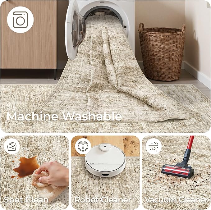 Kitchen Runner Rugs Non Skid Washable - 2.5 x 10 Runner Rug with Anti Slip Backing, Ultra-Thin Soft Rug Runner for Hallway, Bedroom, Living Room (2.5'x10', Brown/Ivory)