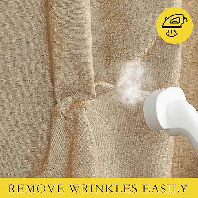 NICETOWN 100% Absolutely Blackout Linen Curtains with Thermal Insulated White Liner, Camel, 42" Wide by 63" Long, 2 Pieces, Linen Blend Window Drapes Privacy Window Treatments for Bedroom/Kids Room