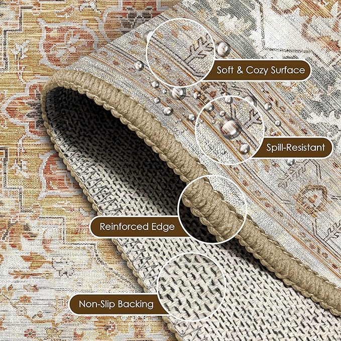 Washable Area Rug 9' x 12' Vintage Traditional Persian Mat - Foldable Distressed Non-Slip Machine Washable Carpet for Living Room Bedroom Kitchen Home Decor - Dove Gray and Coral
